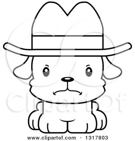 Animal Lineart Clipart of a Cartoon Black and WhiteCute Mad Puppy Dog Cowboy - Royalty Free Outline Vector Illustration by Cory Thoman