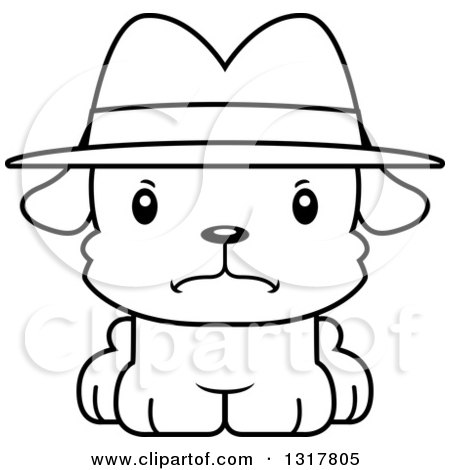 Animal Lineart Clipart of a Cartoon Black and WhiteCute Mad Puppy Dog Detective - Royalty Free Outline Vector Illustration by Cory Thoman