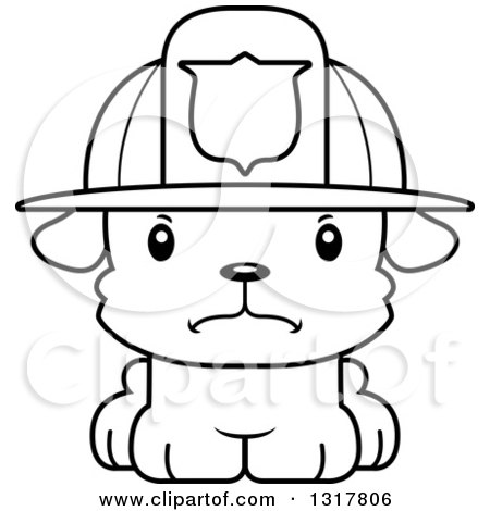 Animal Lineart Clipart of a Cartoon Black and WhiteCute Mad Puppy Dog Fireman - Royalty Free Outline Vector Illustration by Cory Thoman
