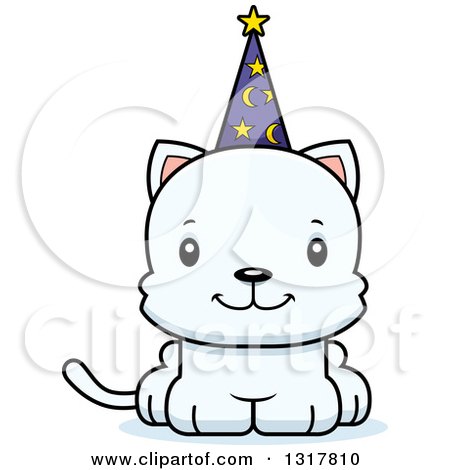 Animal Clipart of a Cartoon Cute Happy White Kitten Cat Wizard - Royalty Free Vector Illustration by Cory Thoman
