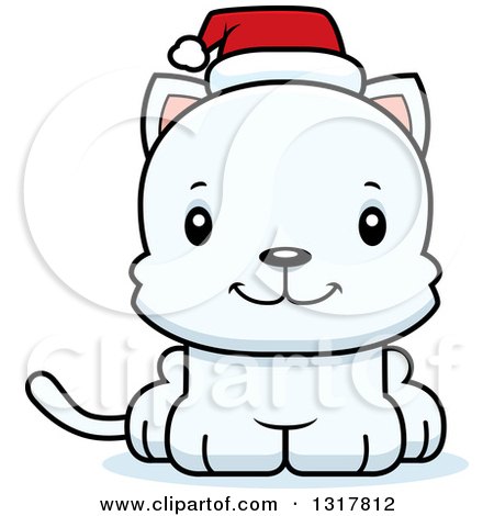 Animal Clipart of a Cartoon Cute Happy White Christmas Kitten Cat Wearing a Santa Hat - Royalty Free Vector Illustration by Cory Thoman