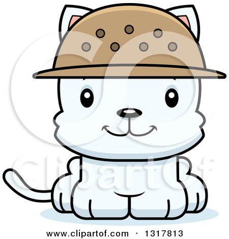 Animal Clipart of a Cartoon Cute Happy White Kitten Cat Zookeeper - Royalty Free Vector Illustration by Cory Thoman