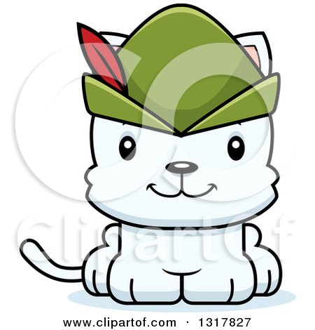 Animal Clipart of a Cartoon Cute Happy White Robin Hood Kitten Cat - Royalty Free Vector Illustration by Cory Thoman