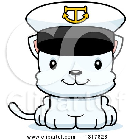 Animal Clipart of a Cartoon Cute Happy White Kitten Cat Captain - Royalty Free Vector Illustration by Cory Thoman