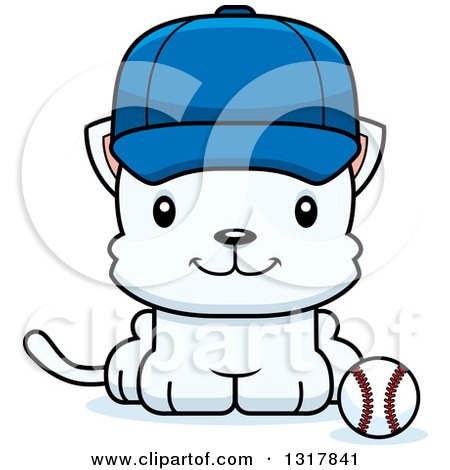 Animal Clipart of a Cartoon Cute Happy White Kitten Cat Sitting by a Baseball - Royalty Free Vector Illustration by Cory Thoman
