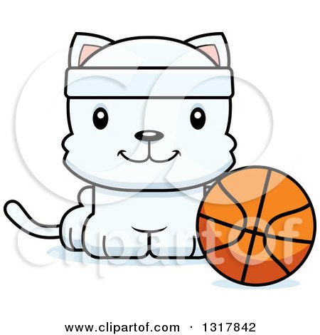 Animal Clipart of a Cartoon Cute Happy White Kitten Cat Sitting by a Basketball - Royalty Free Vector Illustration by Cory Thoman