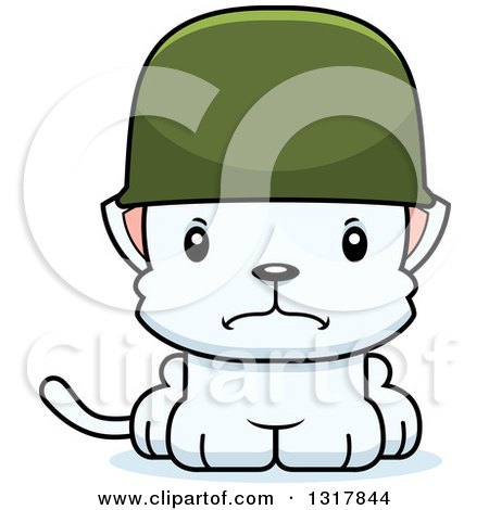 Animal Clipart of a Cartoon Cute Mad White Kitten Cat Army Soldier - Royalty Free Vector Illustration by Cory Thoman