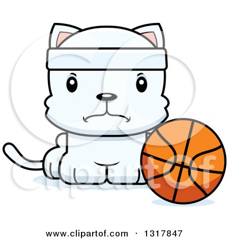 Animal Clipart of a Cartoon Cute Mad White Kitten Cat Sitting by a Basketball - Royalty Free Vector Illustration by Cory Thoman