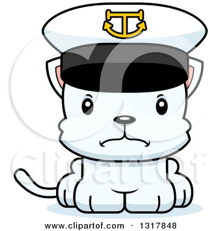 Animal Clipart of a Cartoon Cute Mad White Kitten Cat Captain - Royalty Free Vector Illustration by Cory Thoman