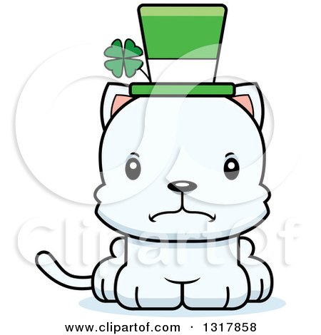 Animal Clipart of a Cartoon Cute Mad Irish St Patricks Day White Kitten Cat - Royalty Free Vector Illustration by Cory Thoman