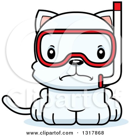 Animal Clipart of a Cartoon Cute Mad White Kitten Cat Wearing Snorkel Gear - Royalty Free Vector Illustration by Cory Thoman