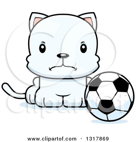 Animal Clipart of a Cartoon Cute Mad White Kitten Cat Sitting by a Soccer Ball - Royalty Free Vector Illustration by Cory Thoman