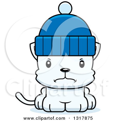Animal Clipart of a Cartoon Cute Mad White Kitten Cat Wearing a Winter Hat - Royalty Free Vector Illustration by Cory Thoman