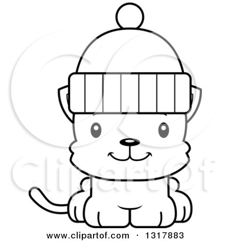 Animal Lineart Clipart of a Cartoon Black and White Cute Happy Kitten Cat Wearing a Winter Hat - Royalty Free Outline Vector Illustration by Cory Thoman