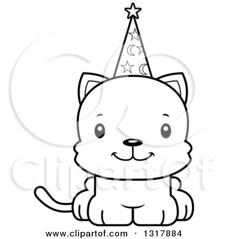 Animal Lineart Clipart of a Cartoon Black and White Cute Happy Kitten Cat Wizard - Royalty Free Outline Vector Illustration by Cory Thoman