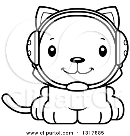 Animal Lineart Clipart of a Cartoon Black and White Cute Happy Kitten Cat Wrestler - Royalty Free Outline Vector Illustration by Cory Thoman