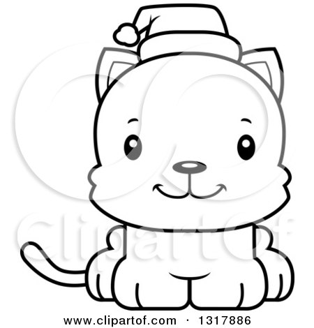 Animal Lineart Clipart of a Cartoon Black and White Cute Happy Christmas Kitten Cat Wearing a Santa Hat - Royalty Free Outline Vector Illustration by Cory Thoman