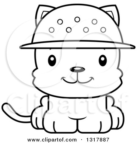 Animal Lineart Clipart of a Cartoon Black and White Cute Happy Kitten Cat Zookeeper - Royalty Free Outline Vector Illustration by Cory Thoman