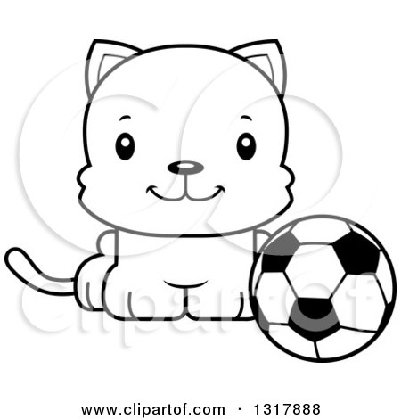 Animal Lineart Clipart of a Cartoon Black and White Cute Happy Kitten Cat Sitting by a Soccer Ball - Royalty Free Outline Vector Illustration by Cory Thoman