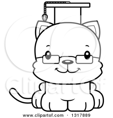 Animal Lineart Clipart of a Cartoon Black and White Cute Happy Kitten Cat Professor - Royalty Free Outline Vector Illustration by Cory Thoman