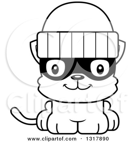 Animal Lineart Clipart of a Cartoon Black and White Cute Happy Kitten Cat Robber - Royalty Free Outline Vector Illustration by Cory Thoman