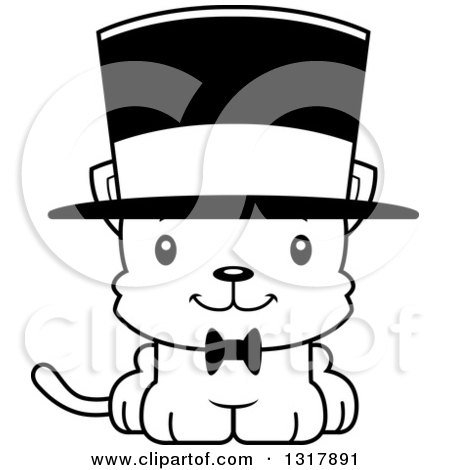 Animal Lineart Clipart of a Cartoon Black and White Cute Happy Kitten Cat Gentleman Wearing a Top Hat - Royalty Free Outline Vector Illustration by Cory Thoman