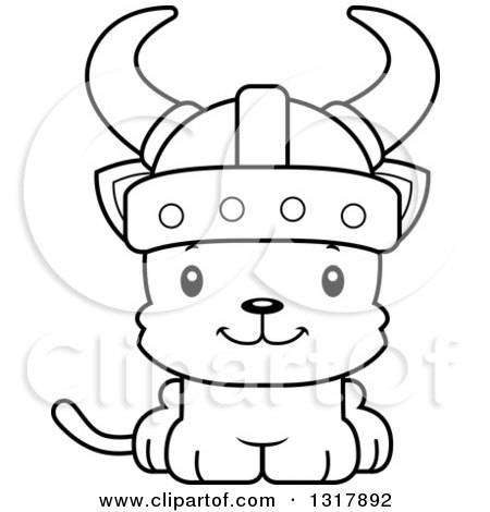 Animal Lineart Clipart of a Cartoon Black and White Cute Happy Kitten Cat Viking - Royalty Free Outline Vector Illustration by Cory Thoman