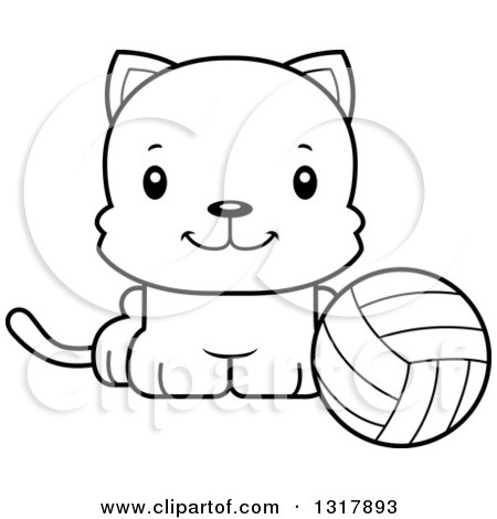 Animal Lineart Clipart of a Cartoon Black and White Cute Happy Kitten Cat Sitting by a Volleyball - Royalty Free Outline Vector Illustration by Cory Thoman