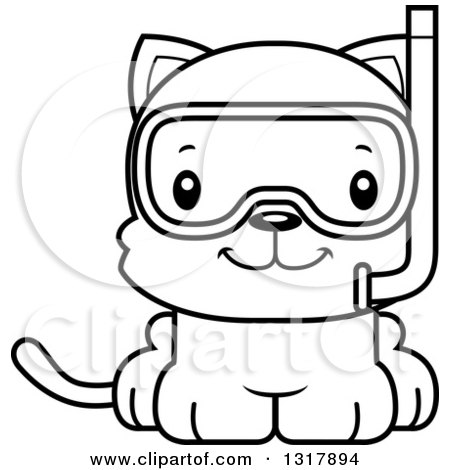 Animal Lineart Clipart of a Cartoon Black and White Cute Happy Kitten Cat Wearing Snorkel Gear - Royalty Free Outline Vector Illustration by Cory Thoman