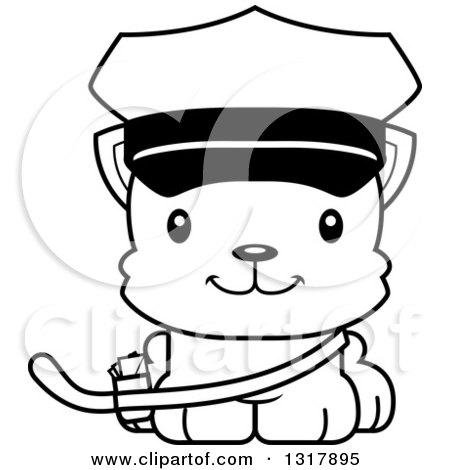 Animal Lineart Clipart of a Cartoon Black and White Cute Happy Kitten Cat Mailman - Royalty Free Outline Vector Illustration by Cory Thoman