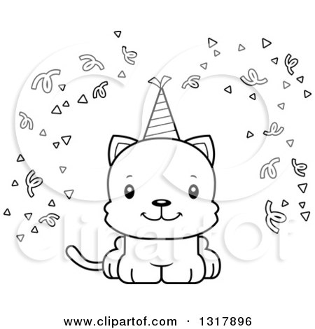 Animal Lineart Clipart of a Cartoon Black and White Cute Happy Party Kitten Cat - Royalty Free Outline Vector Illustration by Cory Thoman