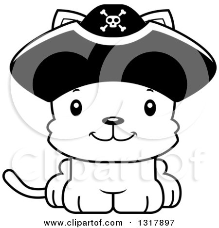 Animal Lineart Clipart of a Cartoon Black and White Cute Happy Kitten Cat Pirate Captain - Royalty Free Outline Vector Illustration by Cory Thoman
