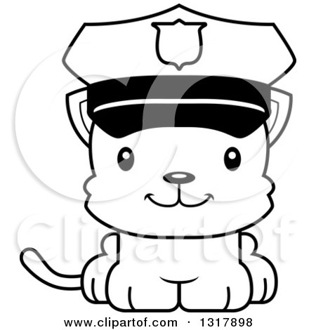 Animal Lineart Clipart of a Cartoon Black and White Cute Happy Kitten Cat Police Officer - Royalty Free Outline Vector Illustration by Cory Thoman