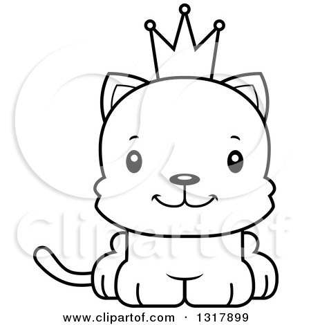 Animal Lineart Clipart of a Cartoon Black and White Cute Happy Kitten Cat Prince - Royalty Free Outline Vector Illustration by Cory Thoman