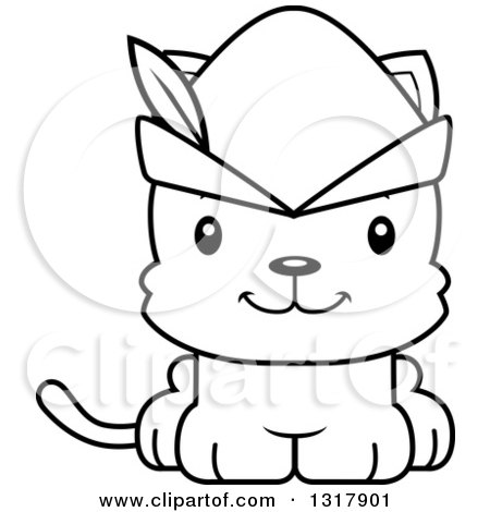 Animal Lineart Clipart of a Cartoon Black and White Cute Happy Robin Hood Kitten Cat - Royalty Free Outline Vector Illustration by Cory Thoman