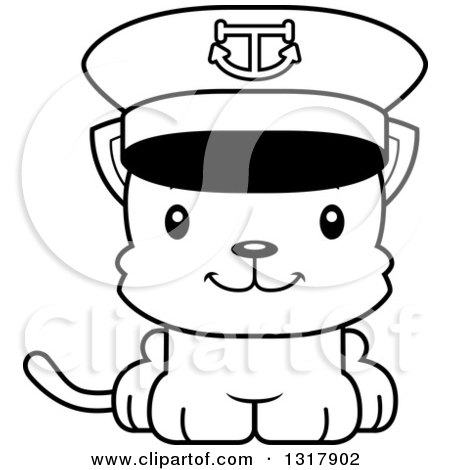 Animal Lineart Clipart of a Cartoon Black and White Cute Happy Kitten Cat Captain - Royalty Free Outline Vector Illustration by Cory Thoman