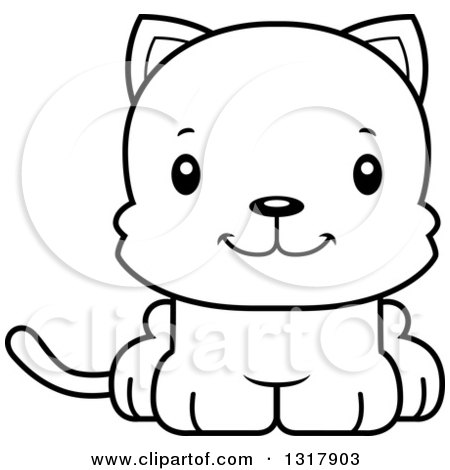 Animal Lineart Clipart of a Cartoon Black and White Cute Happy Kitten Cat - Royalty Free Outline Vector Illustration by Cory Thoman