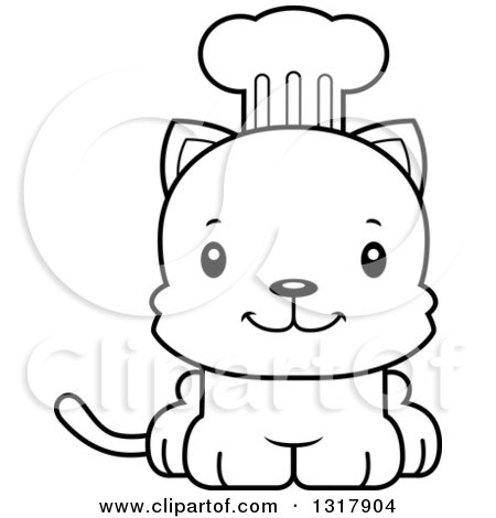 Animal Lineart Clipart of a Cartoon Black and White Cute Happy Kitten Cat Chef - Royalty Free Outline Vector Illustration by Cory Thoman