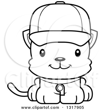 Animal Lineart Clipart of a Cartoon Black and White Cute Happy Kitten Cat Coach - Royalty Free Outline Vector Illustration by Cory Thoman
