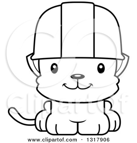 Animal Lineart Clipart of a Cartoon Black and White Cute Happy Kitten Cat Construction Worker - Royalty Free Outline Vector Illustration by Cory Thoman
