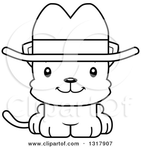 Animal Lineart Clipart of a Cartoon Black and White Cute Happy Kitten Cat Cowboy - Royalty Free Outline Vector Illustration by Cory Thoman