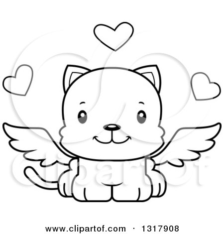 Animal Lineart Clipart of a Cartoon Black and White Cute Happy Kitten Cat Cupid - Royalty Free Outline Vector Illustration by Cory Thoman