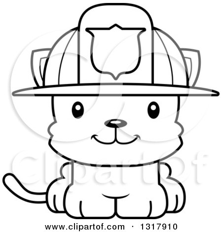 Animal Lineart Clipart of a Cartoon Black and White Cute Happy Kitten Cat Fireman - Royalty Free Outline Vector Illustration by Cory Thoman