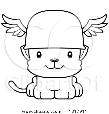 Animal Lineart Clipart of a Cartoon Black and White Cute Happy Kitten Cat Hermes - Royalty Free Outline Vector Illustration by Cory Thoman