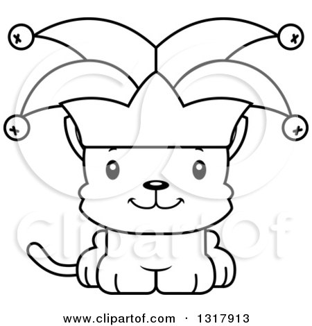 Animal Lineart Clipart of a Cartoon Black and White Cute Happy Kitten Cat Joker - Royalty Free Outline Vector Illustration by Cory Thoman