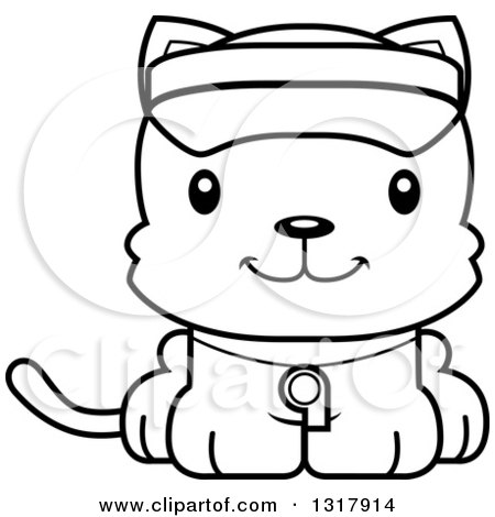 Animal Lineart Clipart of a Cartoon Black and White Cute Happy Kitten Cat Lifeguard - Royalty Free Outline Vector Illustration by Cory Thoman