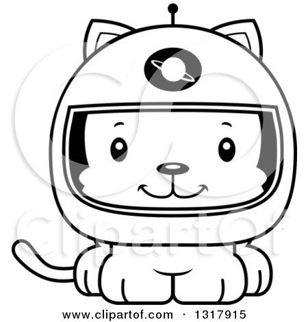 Animal Lineart Clipart of a Cartoon Black and White Cute Happy Kitten Cat Astronaut - Royalty Free Outline Vector Illustration by Cory Thoman