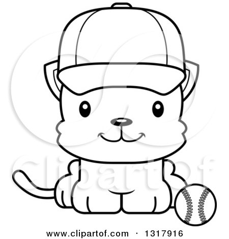 Animal Lineart Clipart of a Cartoon Black and White Cute Happy Kitten Cat Sitting by a Baseball - Royalty Free Outline Vector Illustration by Cory Thoman