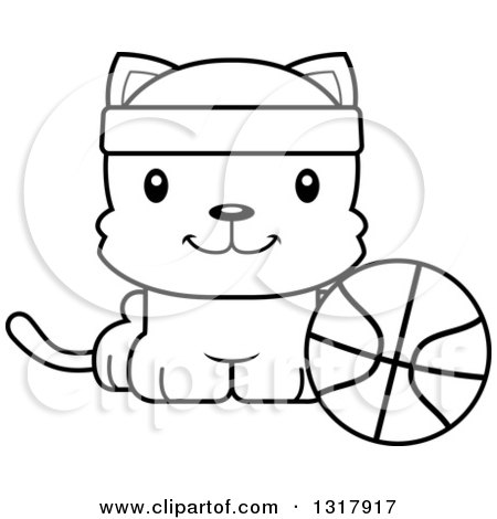 Animal Lineart Clipart of a Cartoon Black and White Cute Happy Kitten Cat Sitting by a Basketball - Royalty Free Outline Vector Illustration by Cory Thoman