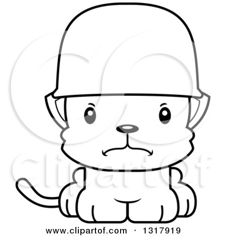 Animal Lineart Clipart of a Cartoon Black and White Cute Mad Kitten Cat Army Soldier - Royalty Free Outline Vector Illustration by Cory Thoman